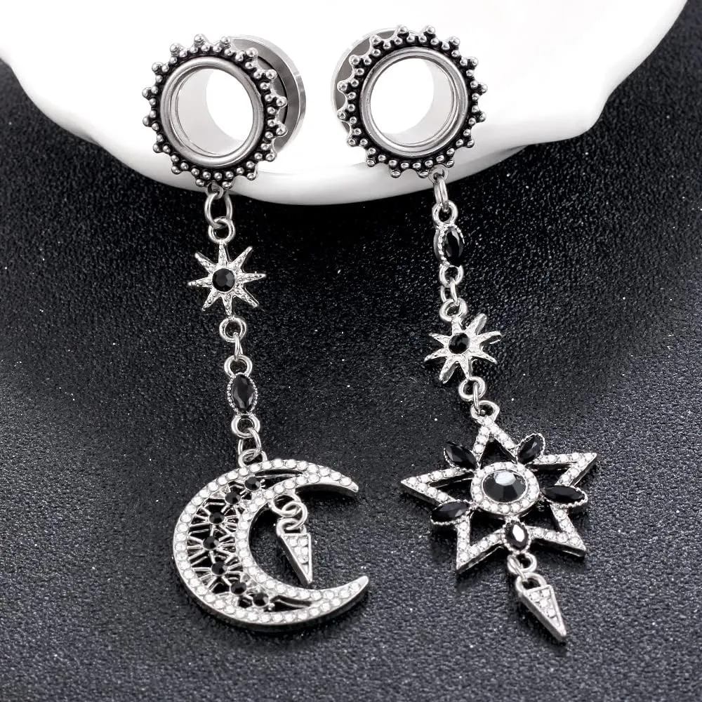 Casvort 2 PCS 6mm-25mm Hypoallergenic 316 Stainless Steel Beautiful Asymmetrical Silver Moon Star Dangle Ear Plugs Tunnels Gauges Body Jewelry for Wedding