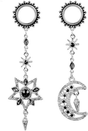 Casvort 2 PCS 6mm-25mm Hypoallergenic 316 Stainless Steel Beautiful Asymmetrical Silver Moon Star Dangle Ear Plugs Tunnels Gauges Body Jewelry for Wedding