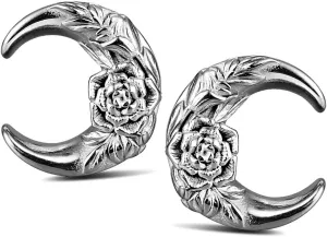 Casvort 2 PCS Hypoallergenic 316 Stainless Steel 0G-1" Hot Moon Flower Saddle Hangers Plugs Unique Saddle Gauges Ear Plugs Expander Stretcher Ear Tunnels Body Piercing Jewelry