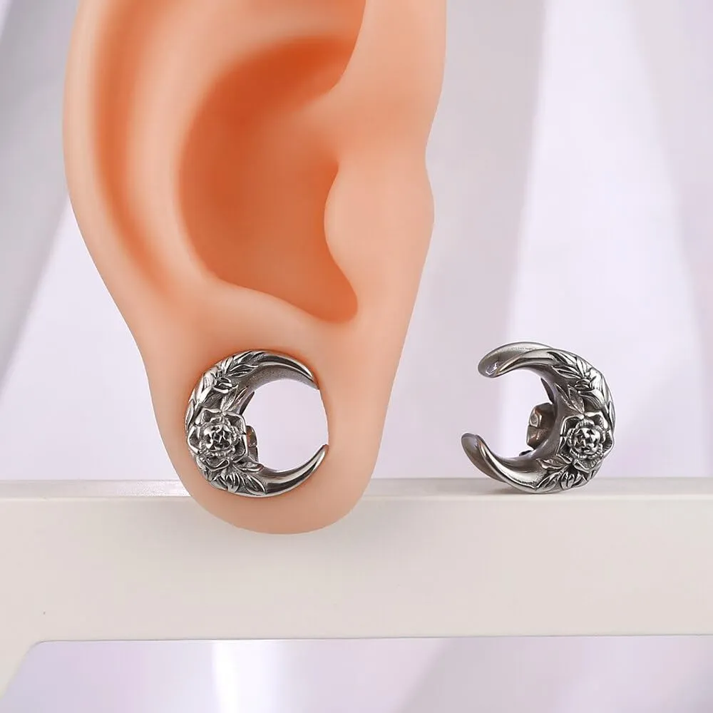 Casvort 2 PCS Hypoallergenic 316 Stainless Steel 0G-1" Hot Moon Flower Saddle Hangers Plugs Unique Saddle Gauges Ear Plugs Expander Stretcher Ear Tunnels Body Piercing Jewelry