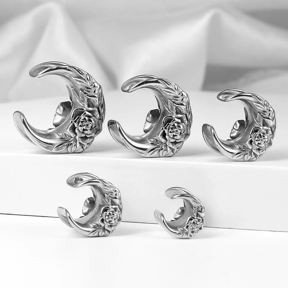 Casvort 2 PCS Hypoallergenic 316 Stainless Steel 0G-1" Hot Moon Flower Saddle Hangers Plugs Unique Saddle Gauges Ear Plugs Expander Stretcher Ear Tunnels Body Piercing Jewelry