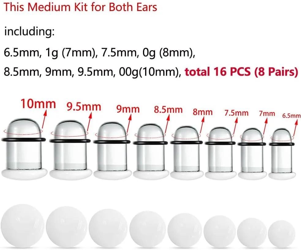 Casvort Unique 0.5mm Increments 14G-00g Comfy Pain-free Single Flare Glass Dead Stretching Plugs, Hypoallergenic Body Piercing Tapers, Pierced Ear Lobe Stretching Kits.