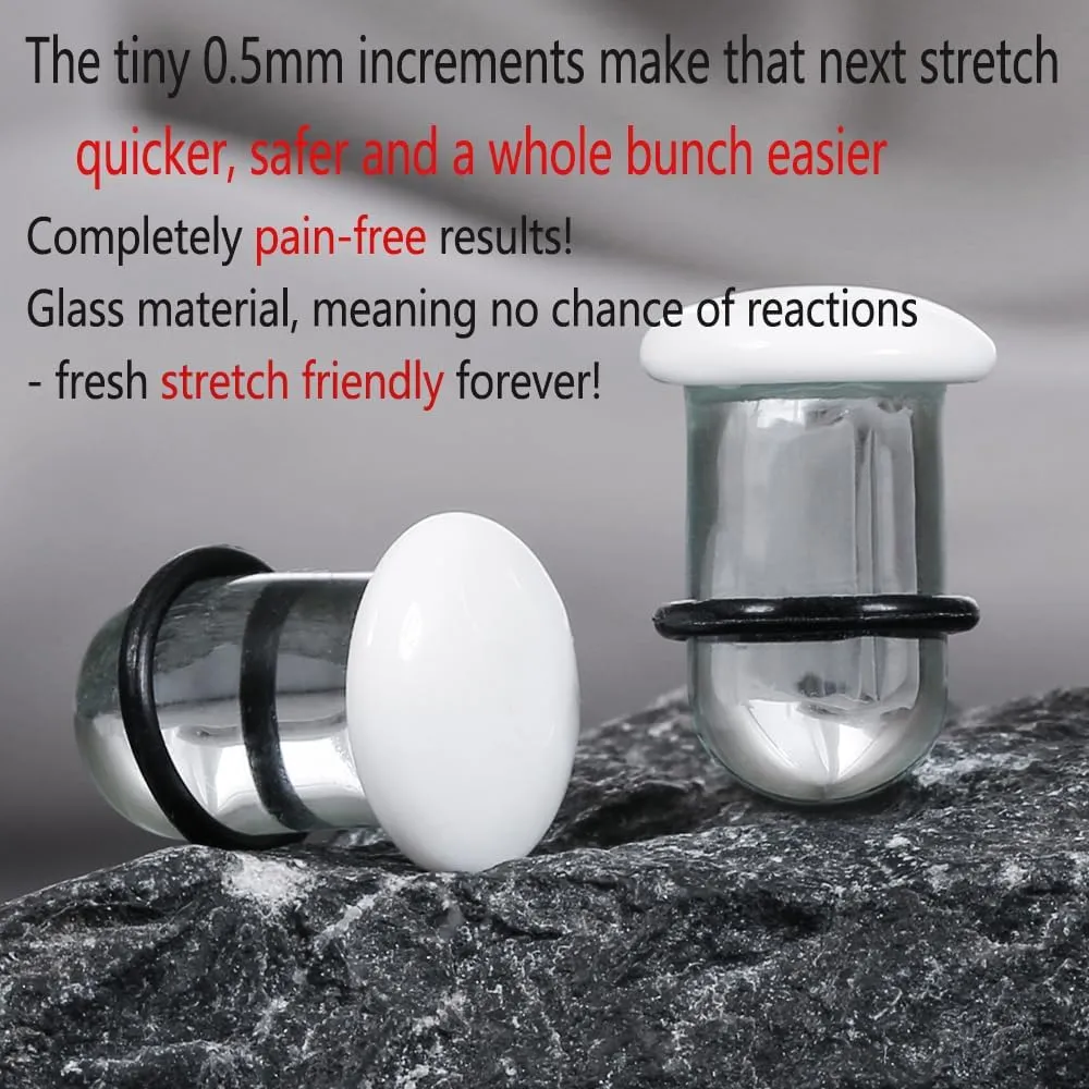 Casvort Unique 0.5mm Increments 14G-00g Comfy Pain-free Single Flare Glass Dead Stretching Plugs, Hypoallergenic Body Piercing Tapers, Pierced Ear Lobe Stretching Kits.