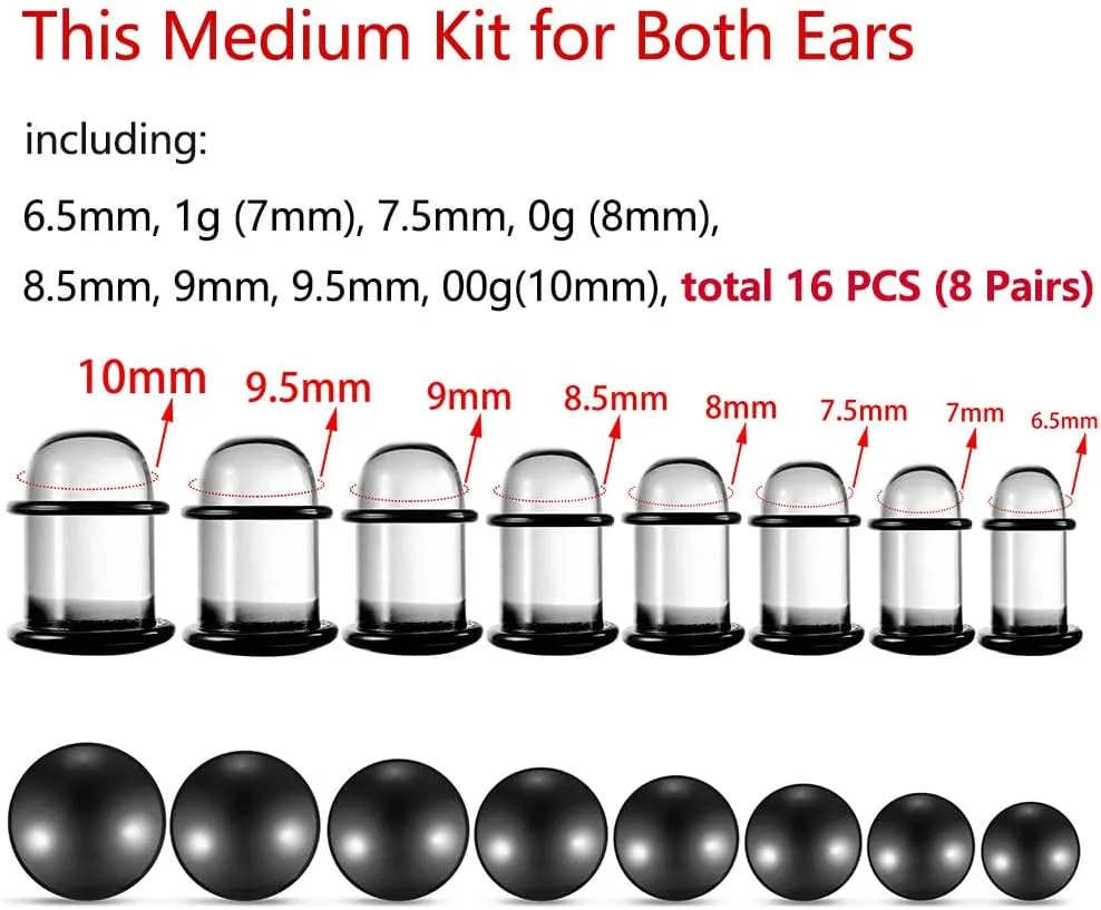 Casvort Unique 0.5mm Increments 14G-00g Comfy Pain-free Single Flare Glass Dead Stretching Plugs, Hypoallergenic Body Piercing Tapers, Pierced Ear Lobe Stretching Kits.