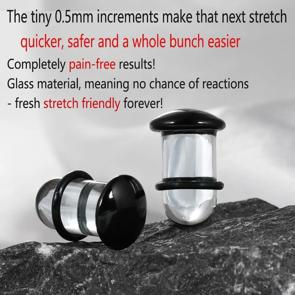 Casvort Unique 0.5mm Increments 14G-00g Comfy Pain-free Single Flare Glass Dead Stretching Plugs, Hypoallergenic Body Piercing Tapers, Pierced Ear Lobe Stretching Kits.