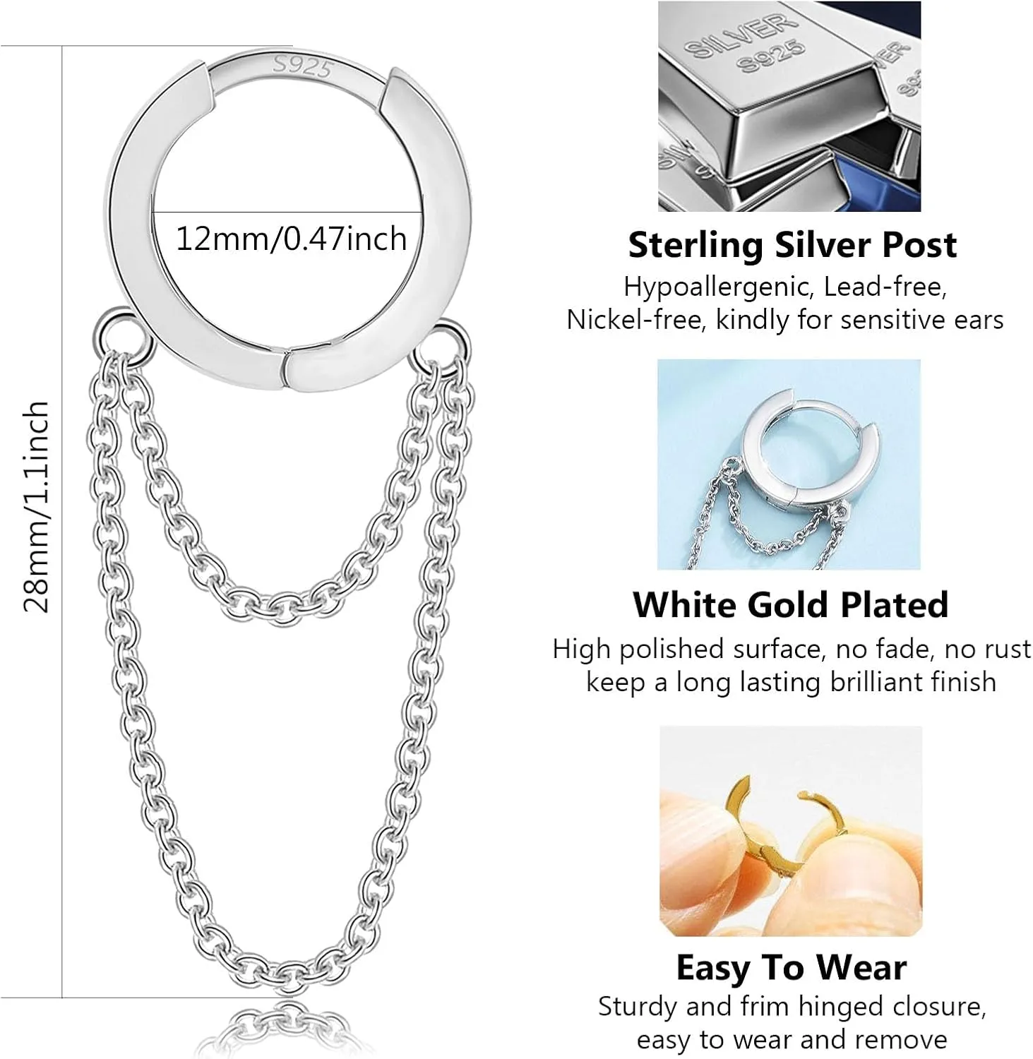 CERSLIMO Small Huggie Hoop Earrings for Women, 14K Gold Plated Sterling Silver Post Chain Hoops Hypoallergenic Dangle Drop Earrings