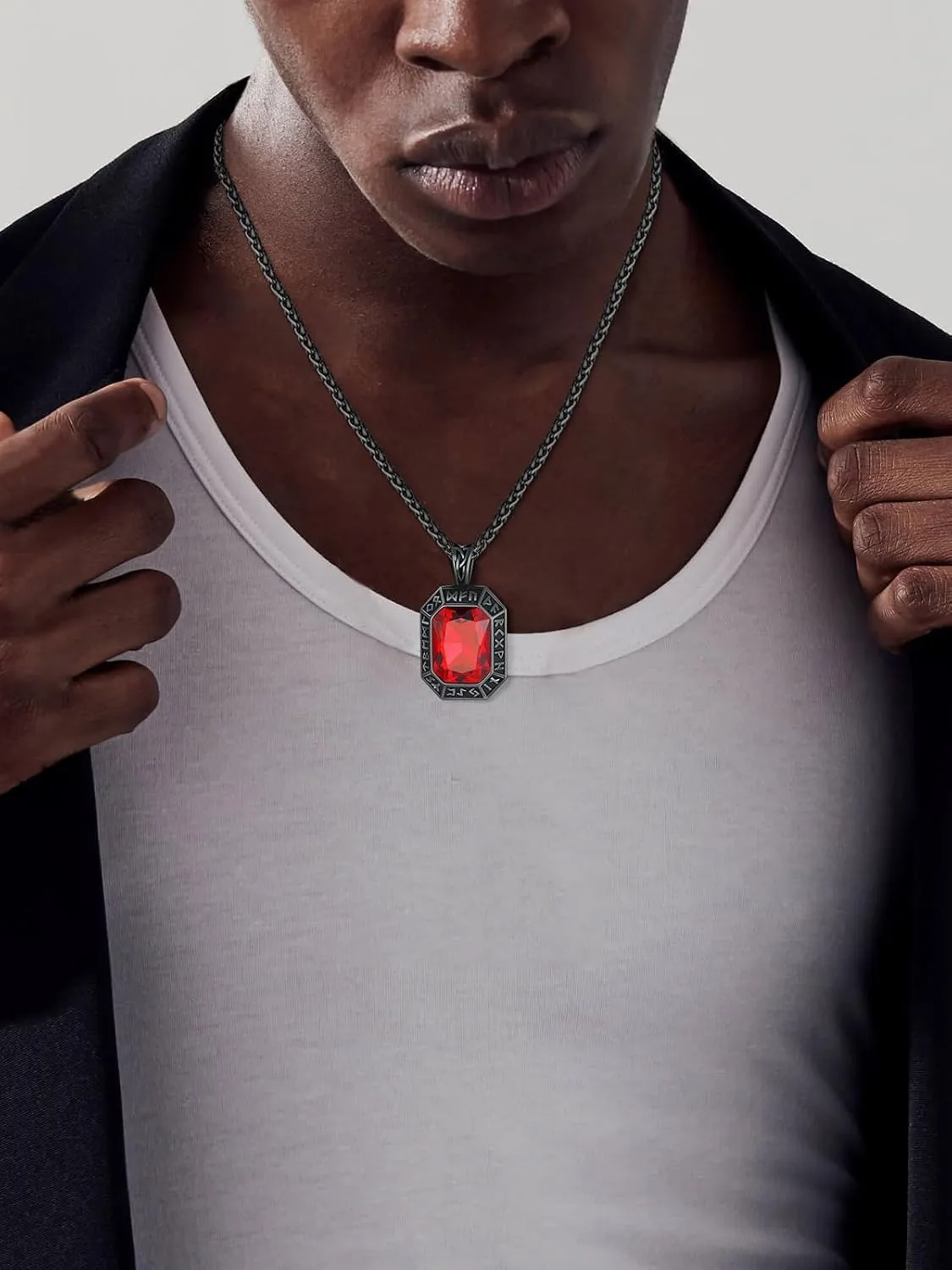 ChainsHouse Viking Rune Pendant Necklace for Men Women, Punk Biker Black Metal/316L Stainless Steel Onyx Norse Vintage Amulet Necklaces with Black/Red/Green/Blue Gemstone, Send Gift Box
