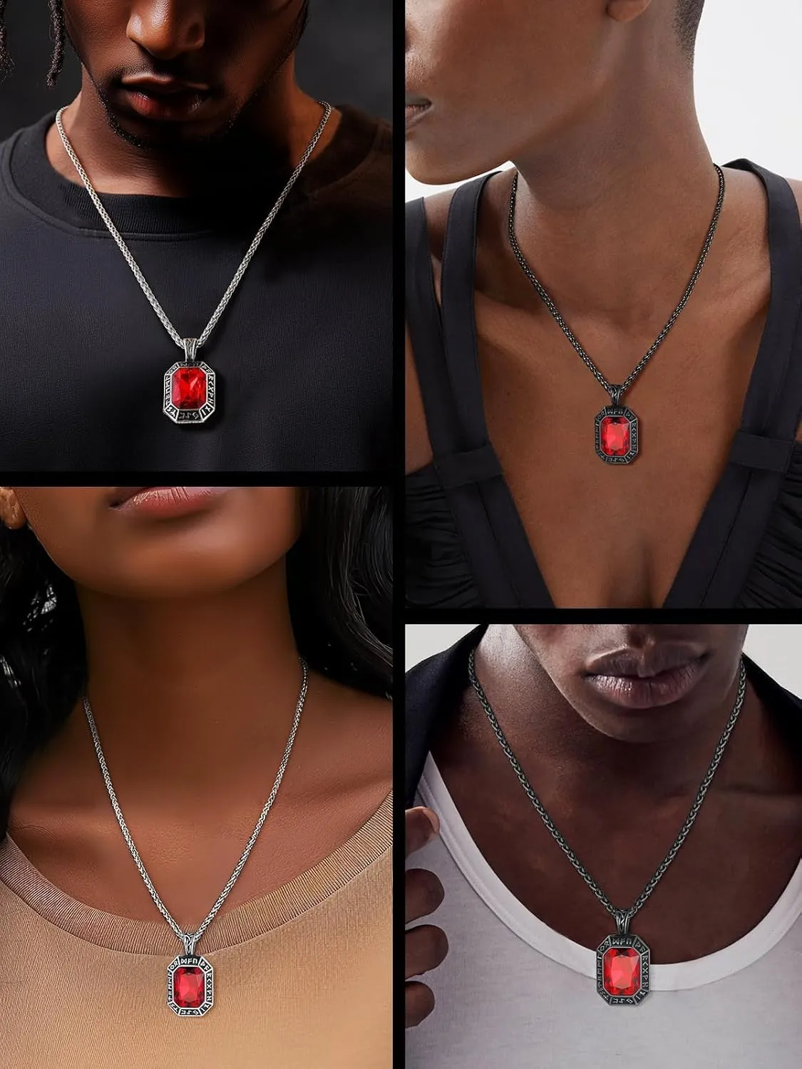 ChainsHouse Viking Rune Pendant Necklace for Men Women, Punk Biker Black Metal/316L Stainless Steel Onyx Norse Vintage Amulet Necklaces with Black/Red/Green/Blue Gemstone, Send Gift Box