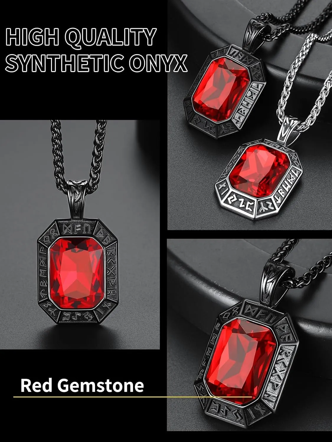 ChainsHouse Viking Rune Pendant Necklace for Men Women, Punk Biker Black Metal/316L Stainless Steel Onyx Norse Vintage Amulet Necklaces with Black/Red/Green/Blue Gemstone, Send Gift Box