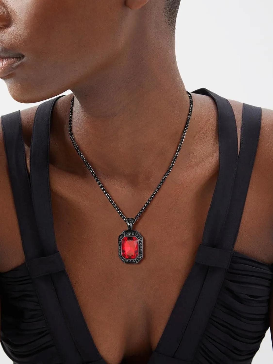 ChainsHouse Viking Rune Pendant Necklace for Men Women, Punk Biker Black Metal/316L Stainless Steel Onyx Norse Vintage Amulet Necklaces with Black/Red/Green/Blue Gemstone, Send Gift Box