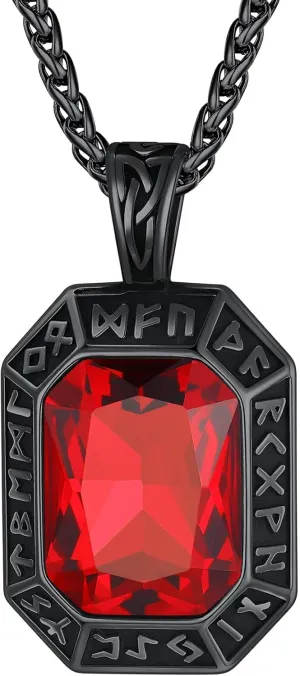 ChainsHouse Viking Rune Pendant Necklace for Men Women, Punk Biker Black Metal/316L Stainless Steel Onyx Norse Vintage Amulet Necklaces with Black/Red/Green/Blue Gemstone, Send Gift Box