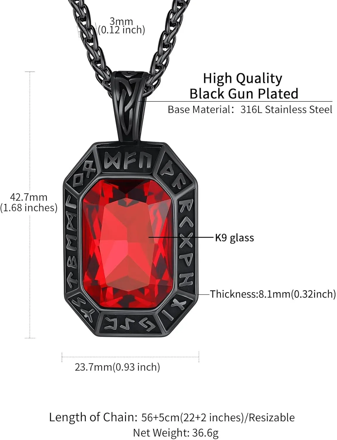 ChainsHouse Viking Rune Pendant Necklace for Men Women, Punk Biker Black Metal/316L Stainless Steel Onyx Norse Vintage Amulet Necklaces with Black/Red/Green/Blue Gemstone, Send Gift Box