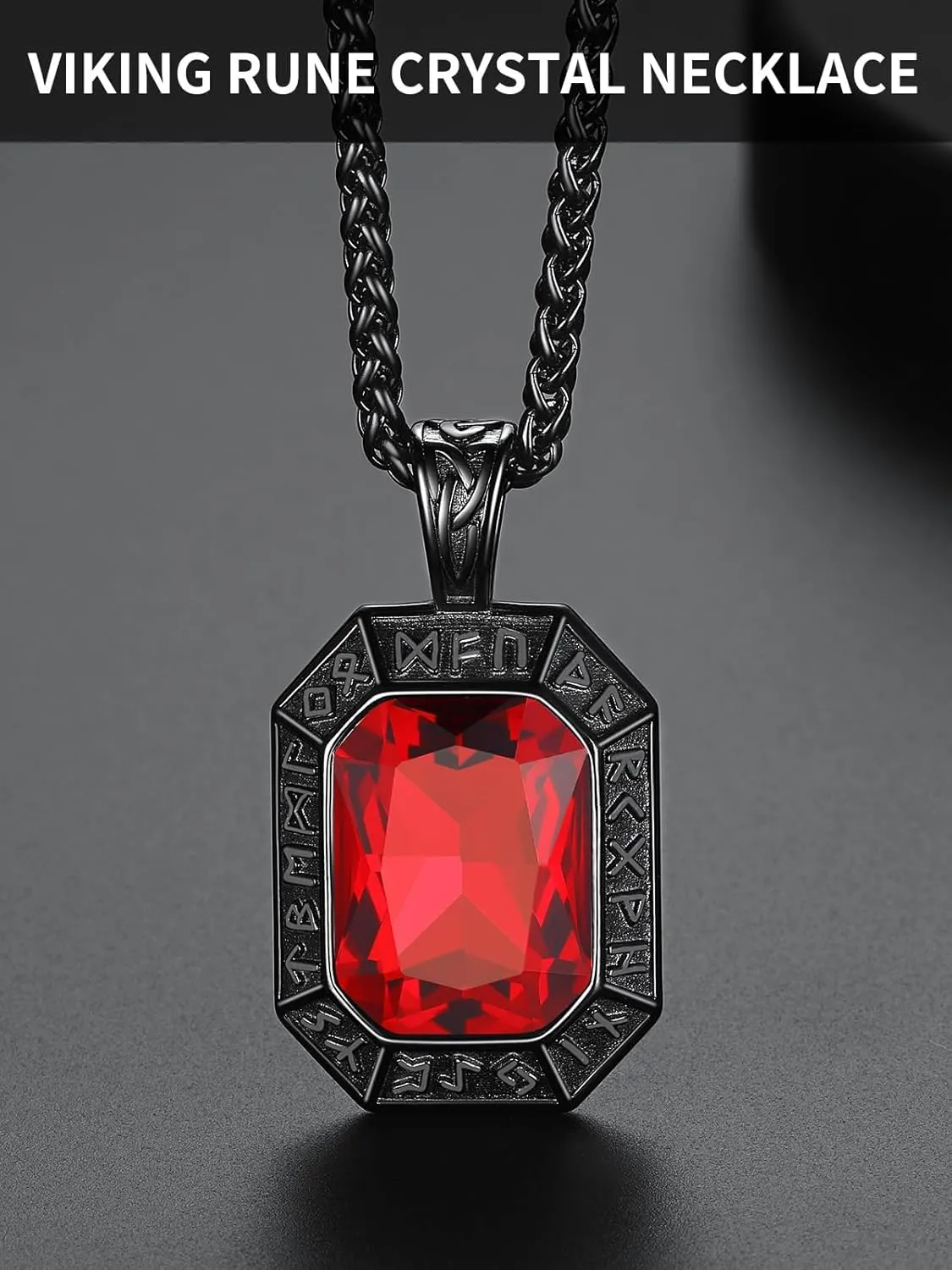 ChainsHouse Viking Rune Pendant Necklace for Men Women, Punk Biker Black Metal/316L Stainless Steel Onyx Norse Vintage Amulet Necklaces with Black/Red/Green/Blue Gemstone, Send Gift Box