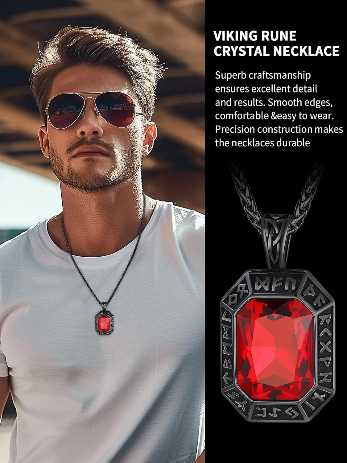 ChainsHouse Viking Rune Pendant Necklace for Men Women, Punk Biker Black Metal/316L Stainless Steel Onyx Norse Vintage Amulet Necklaces with Black/Red/Green/Blue Gemstone, Send Gift Box