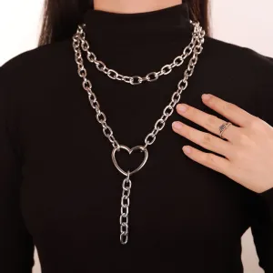 Chargances Bohemia Layered Heart Pendant Necklace Silver Chunky Cuban Link Chain Long Choker Fashion Y Necklace Jewerly for Women and Girls (Silver)