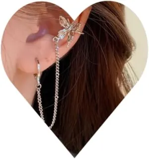 Chargances Boho Butterfly Cuff Chain Earrings Dainty Silver Ear Cuffs Tassel Earring Fashion Stud Wrap Clip Dangling Earrings for Women Gift Party