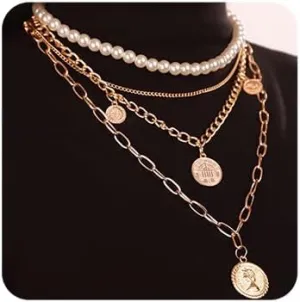 Chargances Boho Pearl and Coin Pendant Necklace Layered Gold Paperclip Chain Choker Dainty Y Shaped Long Necklace for Women