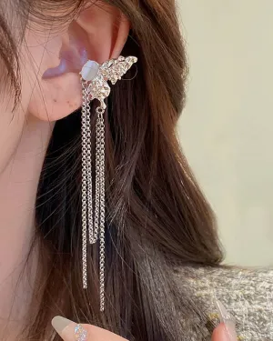 Chargances Dainty Butterfly Tassle Chain Earrings Fashion Long Ear Cuffs Tassel Earring Fashion Stud Wrap Clip Dangling Earrings for Women and Girls Gift (Style 2)