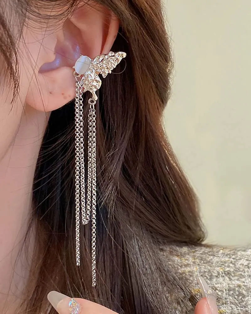 Chargances Dainty Butterfly Tassle Chain Earrings Fashion Long Ear Cuffs Tassel Earring Fashion Stud Wrap Clip Dangling Earrings for Women and Girls Gift (Style 2)