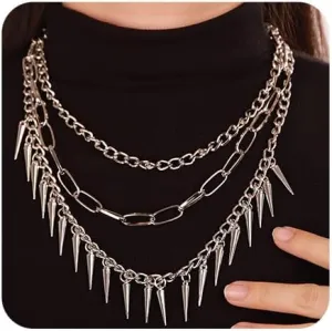 Chargances Punk Layered Studded Rivets Necklace Silver Paperclip Chain Choker Goth Metal Spike Neckalce Adjustable Streetwear Collar for Women