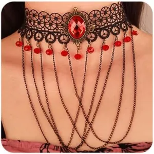 Chargances Vintage Black Lace Red Rhinestone Necklace Gothic Layered Long Chain Choker Halloween Victorian Vampire Jewelry for Women Party (Style 1)