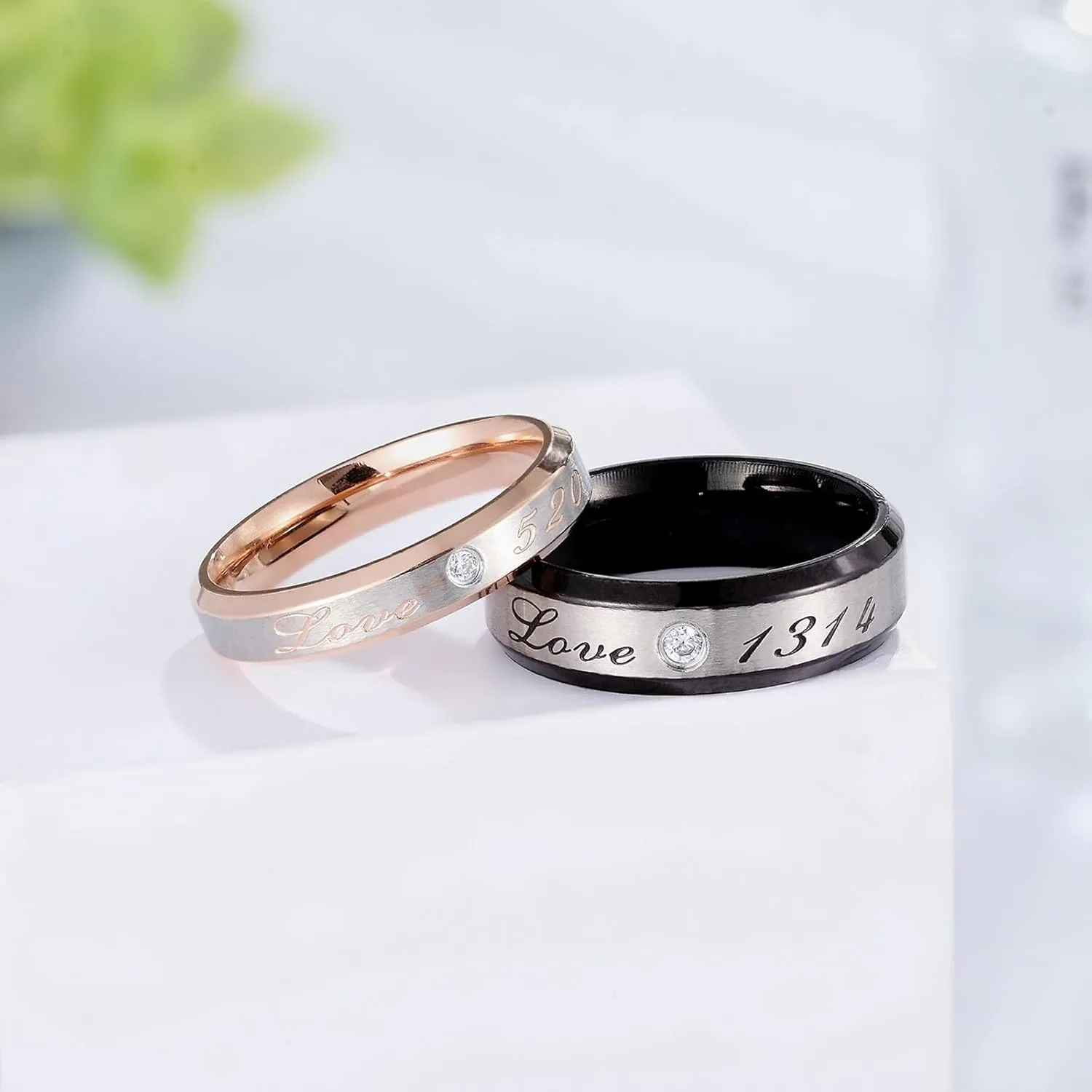 Cheap Rings for His and Her Black Rose Gold Ring Love 520"" Love 1314" Brushed Surface, White Zircon Round Stainless Steel Couple Rings