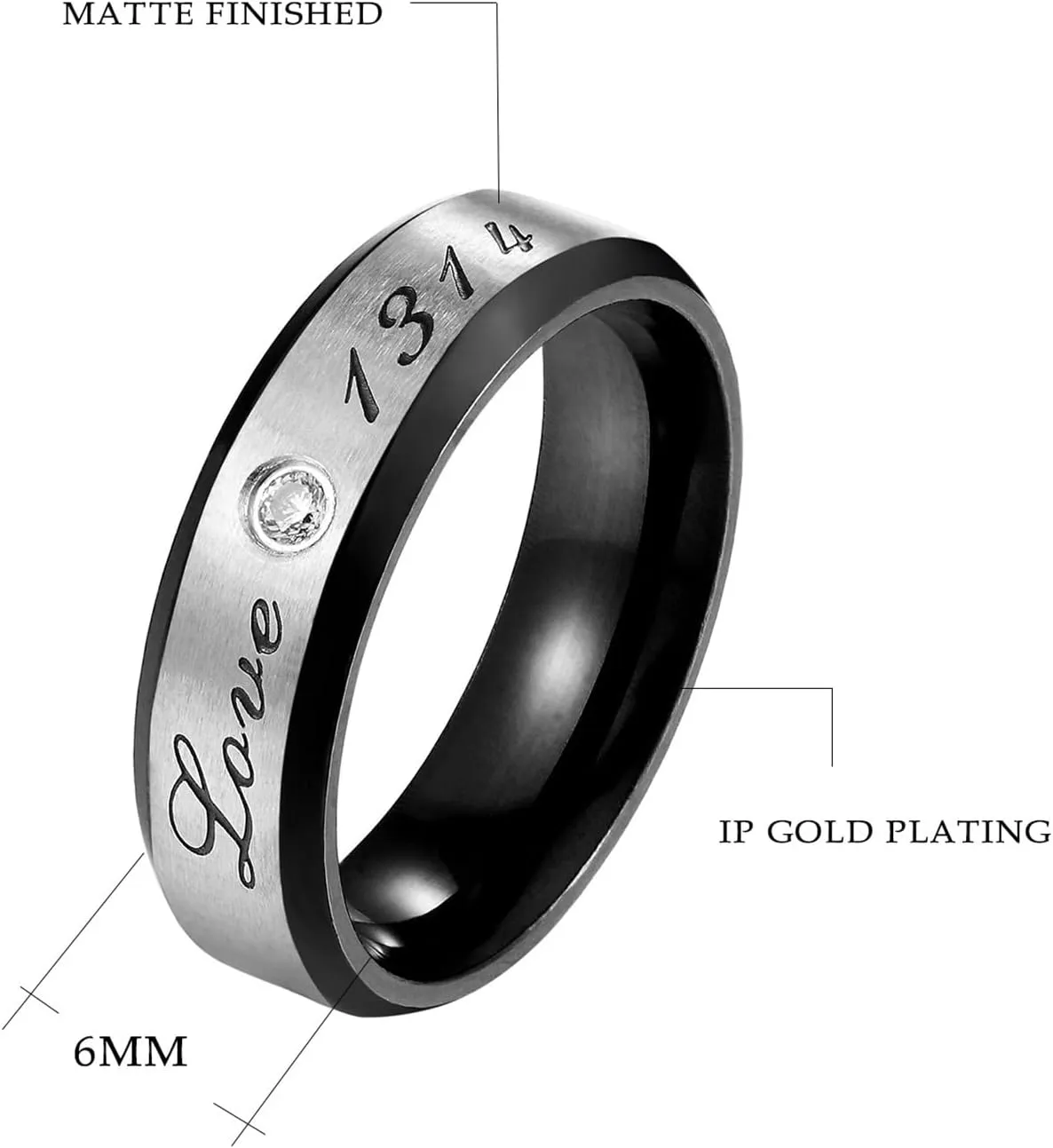 Cheap Rings for His and Her Black Rose Gold Ring Love 520"" Love 1314" Brushed Surface, White Zircon Round Stainless Steel Couple Rings