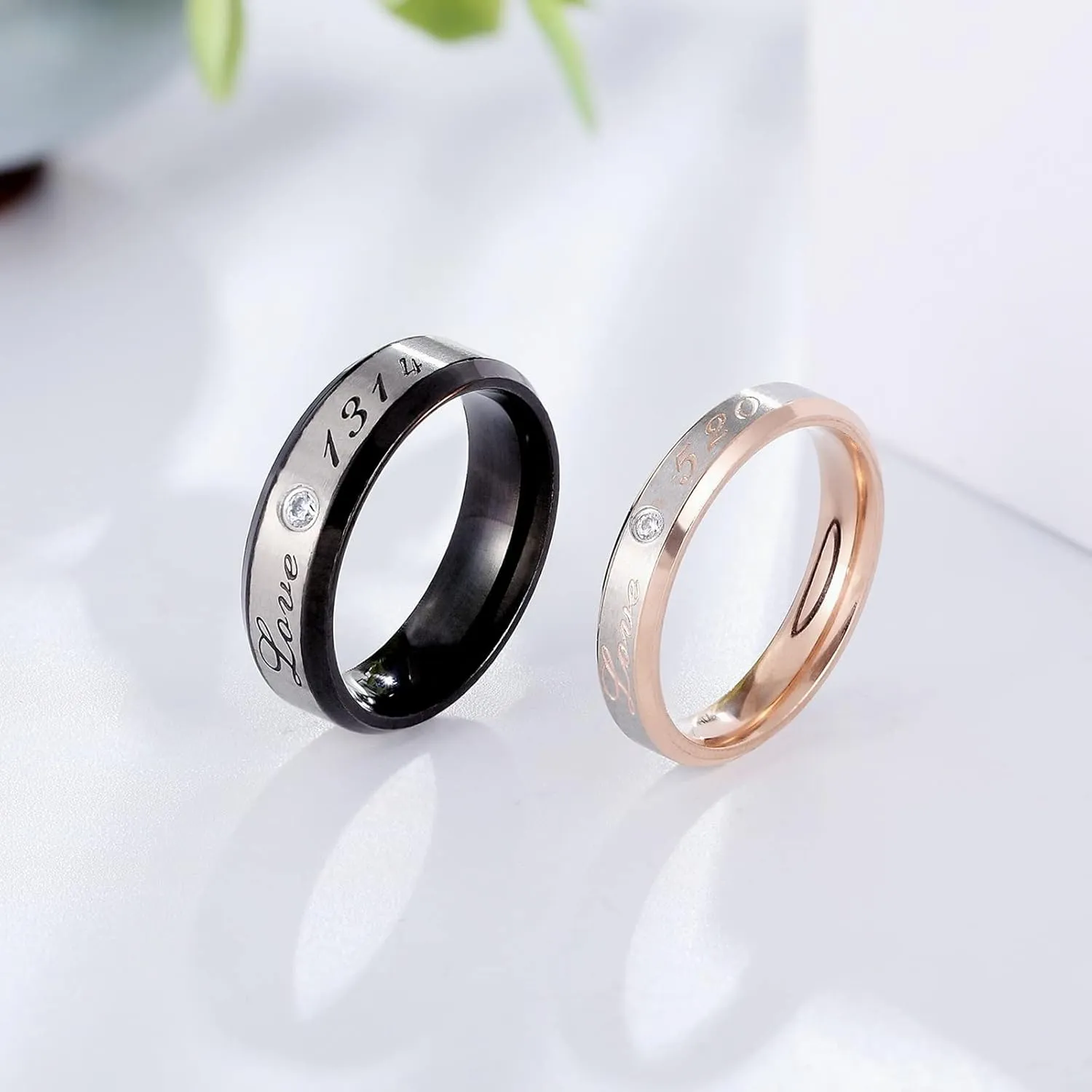 Cheap Rings for His and Her Black Rose Gold Ring Love 520"" Love 1314" Brushed Surface, White Zircon Round Stainless Steel Couple Rings
