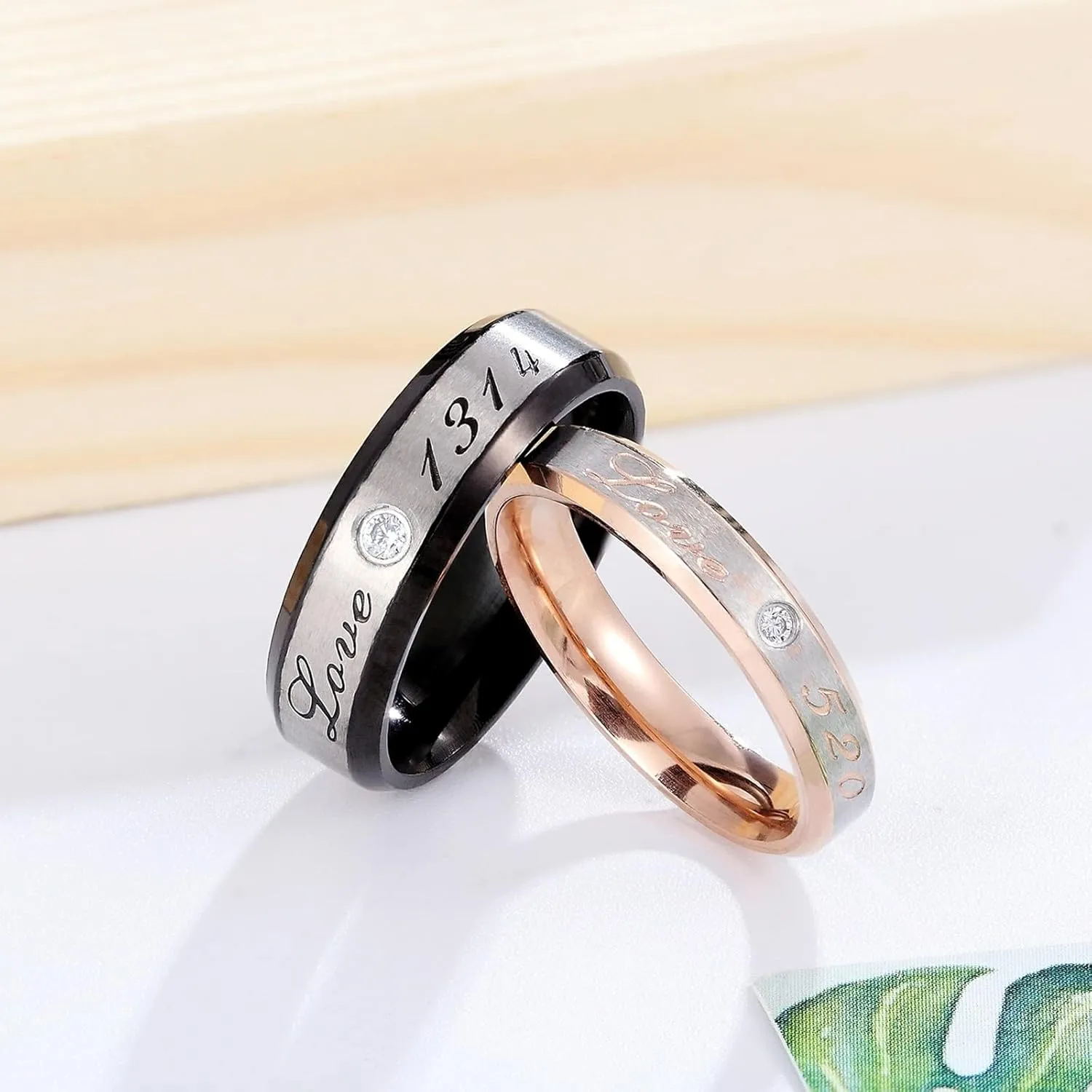 Cheap Rings for His and Her Black Rose Gold Ring Love 520"" Love 1314" Brushed Surface, White Zircon Round Stainless Steel Couple Rings