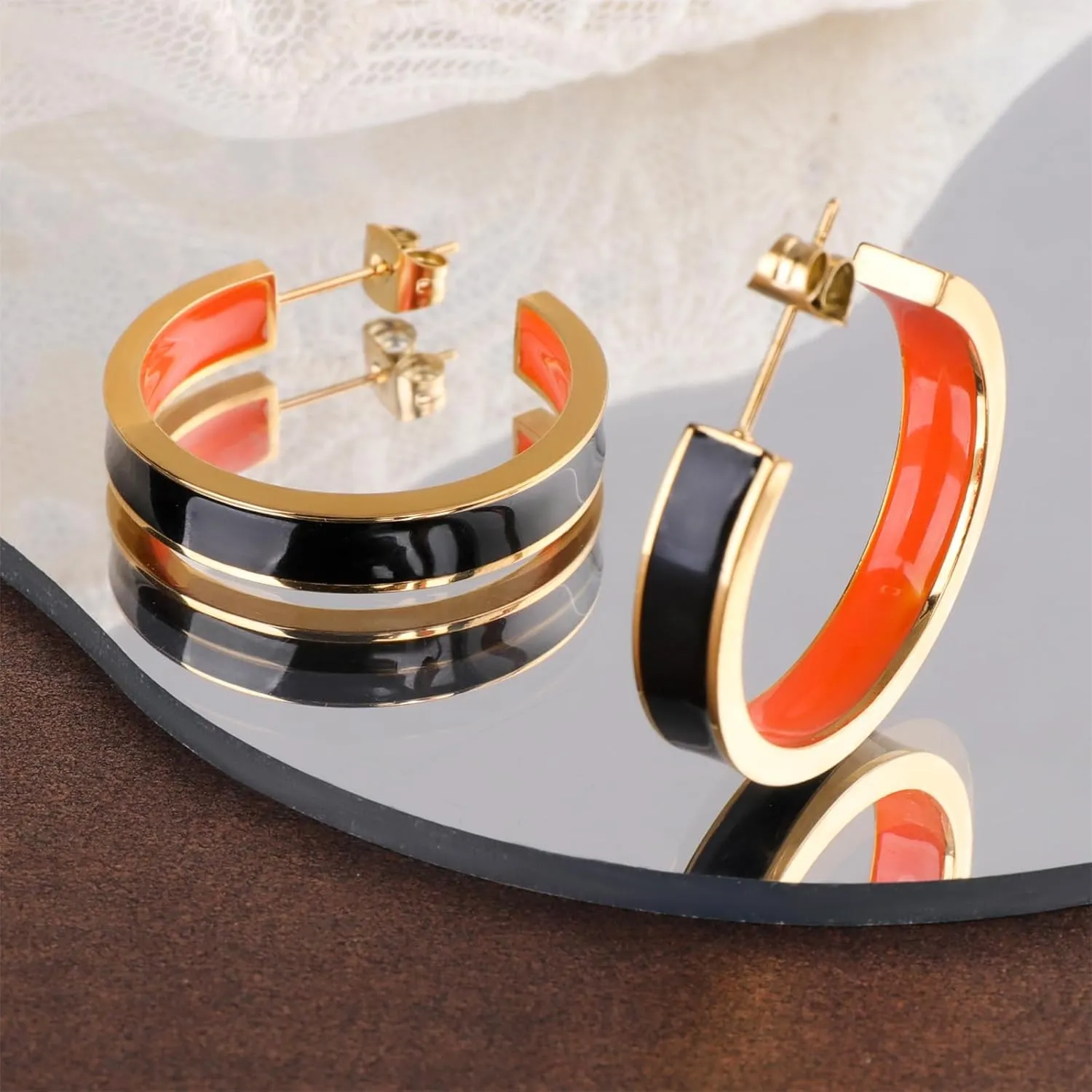 Chunky Gold Earrings for Women C Shaped Round Hoop Earrings 18K Gold Plated Stainless Steel Enamel Earrings Jewelry Gift