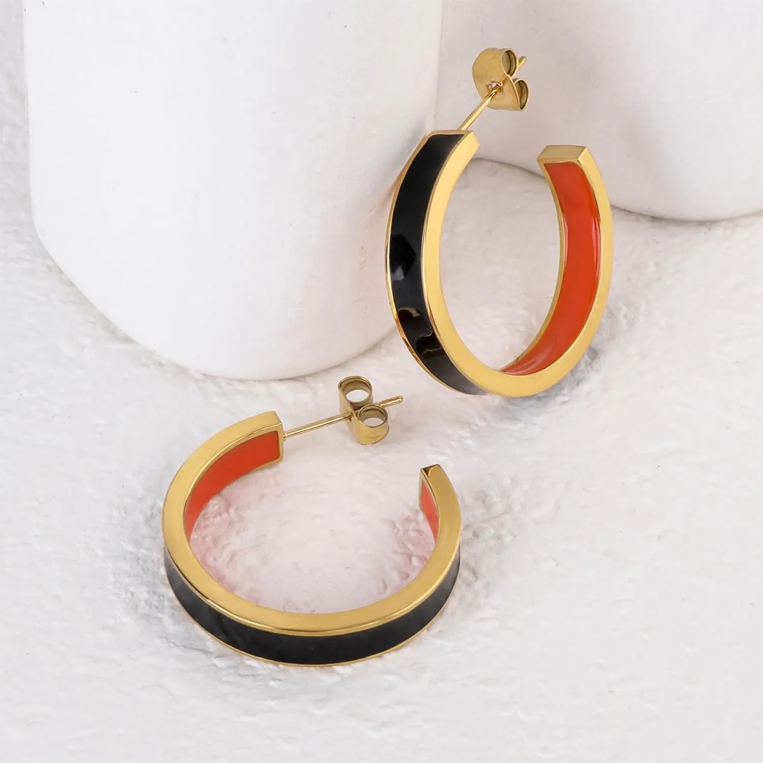 Chunky Gold Earrings for Women C Shaped Round Hoop Earrings 18K Gold Plated Stainless Steel Enamel Earrings Jewelry Gift