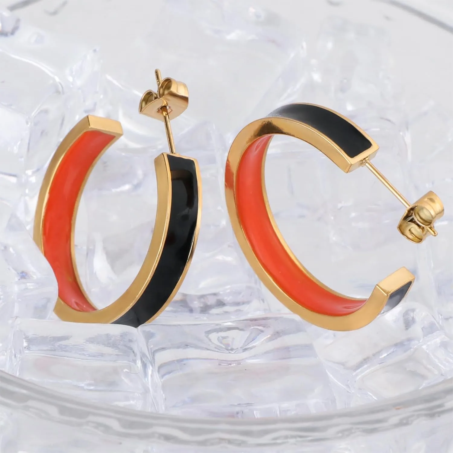 Chunky Gold Earrings for Women C Shaped Round Hoop Earrings 18K Gold Plated Stainless Steel Enamel Earrings Jewelry Gift