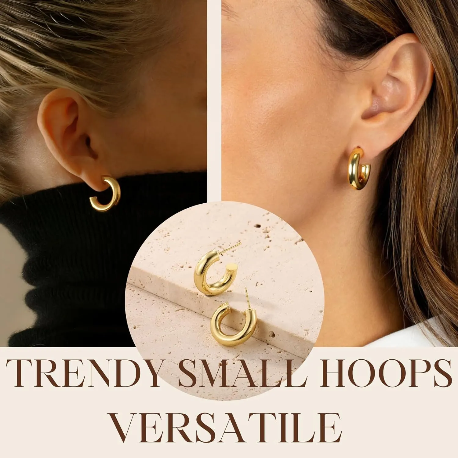 Chunky Gold Hoop Earrings: 14K Gold Plated, Non Tarnish, Lightweight, Open Tube Design, Hypoallergenic, Trendy Minimalist, 20/30/35/40MM