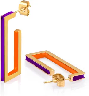 Chunky Gold Hoop Earrings for Women C Shaped Round Hoop Earrings 18K Gold Plated Stainless Steel Enamel Earrings Jewelry Gift(Orange and Purple)