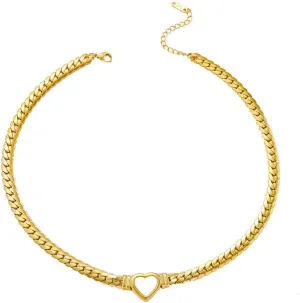 Chunky Heart Necklace For Women Pendant 18k Gold Plated Stainless Steel Cuban Link Chain Thick Trendy Open Hollow Heart Choker Necklace Non Tarnish Jewelry For Mother