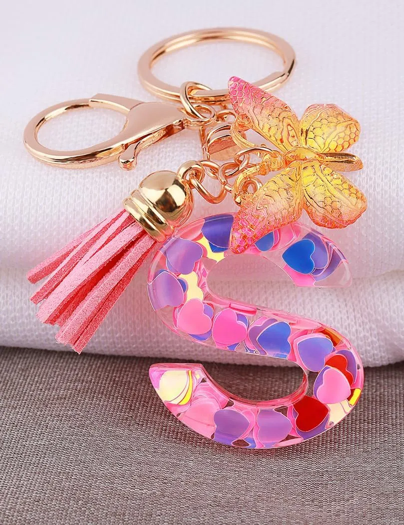 ChunlongFour Initial Letter Keychain for Women Girl Bag Charm Butterfly Tassel Keychain for Wallet Car Key Backpack Handbag