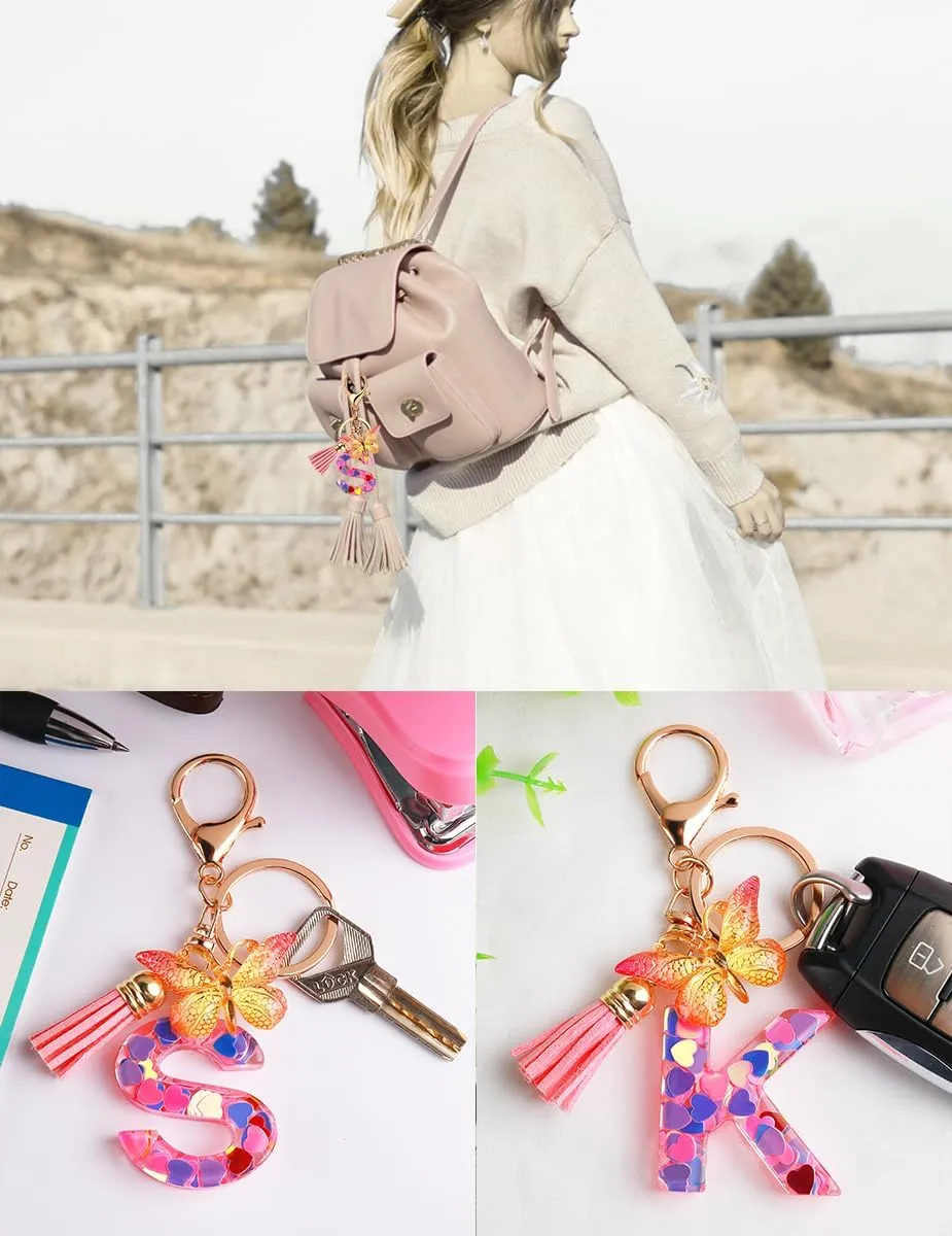 ChunlongFour Initial Letter Keychain for Women Girl Bag Charm Butterfly Tassel Keychain for Wallet Car Key Backpack Handbag
