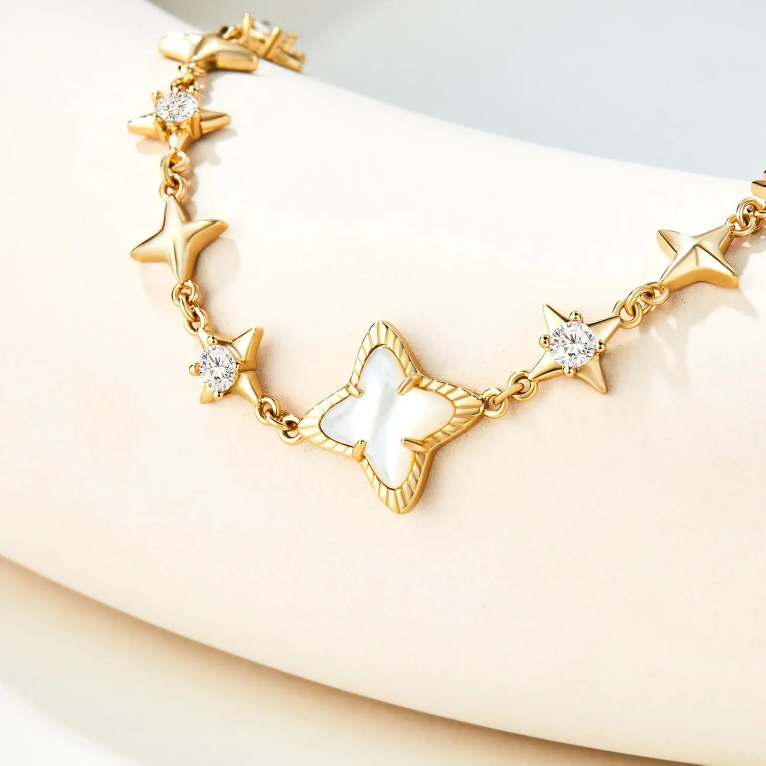Cicy Bell Womens 18k Gold Plated White Shell Cubic Zirconia Square Cross Adjustable Chain Link Bracelets 6.69" with 2" Extender