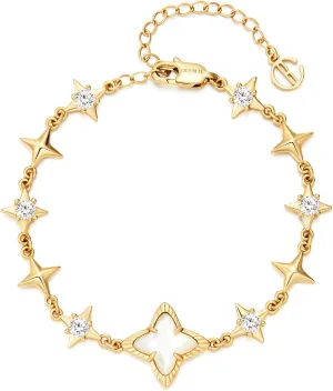 Cicy Bell Womens 18k Gold Plated White Shell Cubic Zirconia Square Cross Adjustable Chain Link Bracelets 6.69" with 2" Extender