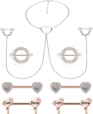 Cisyozi 14G Nipple Rings Chain Nipple Piercing Jewelry Stainless Steel Nipple Tongue Ring Barbell Piercing Jewelry for Women 14mm Silver Rose Gold 9Pairs