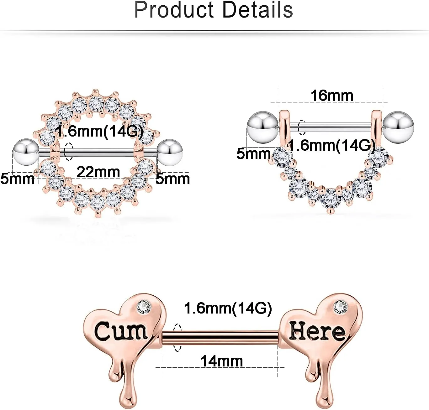 Cisyozi 14G Nipple Rings Chain Nipple Piercing Jewelry Stainless Steel Nipple Tongue Ring Barbell Piercing Jewelry for Women 14mm Silver Rose Gold 9Pairs