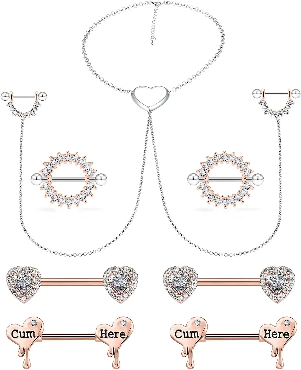 Cisyozi 14G Nipple Rings Chain Nipple Piercing Jewelry Stainless Steel Nipple Tongue Ring Barbell Piercing Jewelry for Women 14mm Silver Rose Gold 9Pairs