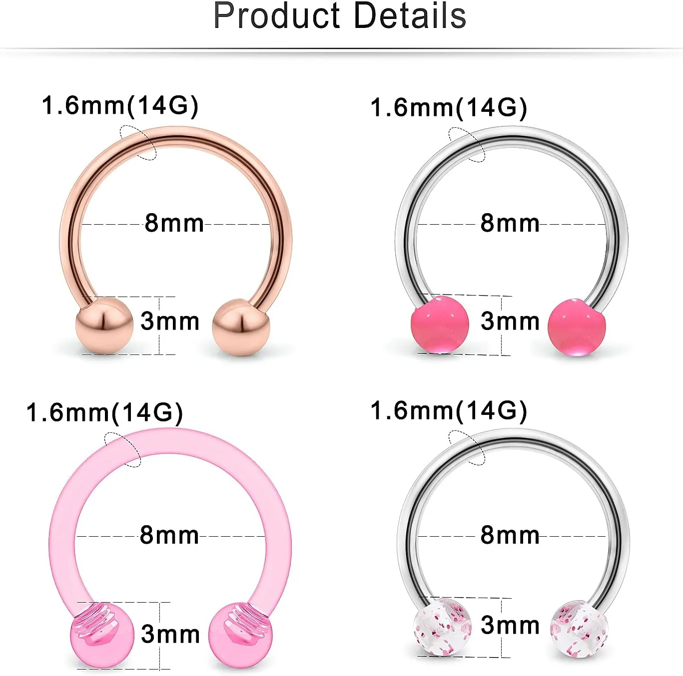 Cisyozi 16G 14G Septum Rings 316L Surgical Steel Lip Rings Septum Nose Rings Horseshoes Cartilage Helix Tragus Rook Daith Earrings Hoop Smiley Piercing Jewelry for Women Men 8mm 10mm