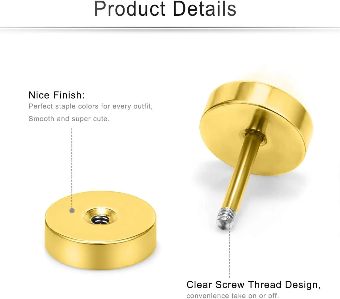 Cisyozi 18G Black Stud Earrings Men for Women Faux Gauges Ear Tunnel Stainless Steel Earrings 3mm 4mm 5mm 6mm