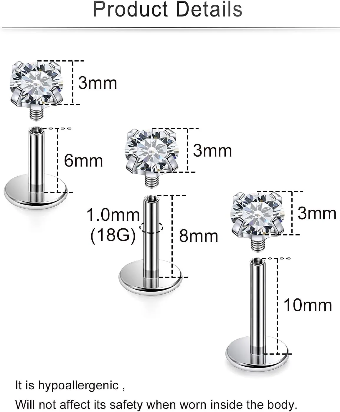 Cisyozi 20G 18G 16G F316 Titanium Lip Labret Medusa Monroe Ashley Nose Ring Stud Screw in Piercing Jewelry Hypoallergenic Implant Flat Back Tragus Helix Cartilage Earring for Women Men 6mm 8mm 10mm