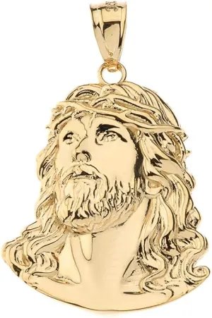 Claddagh Gold - Fashion 14k Yellow Gold Face of Christ, Jesus Necklace Pendant, 1.46"