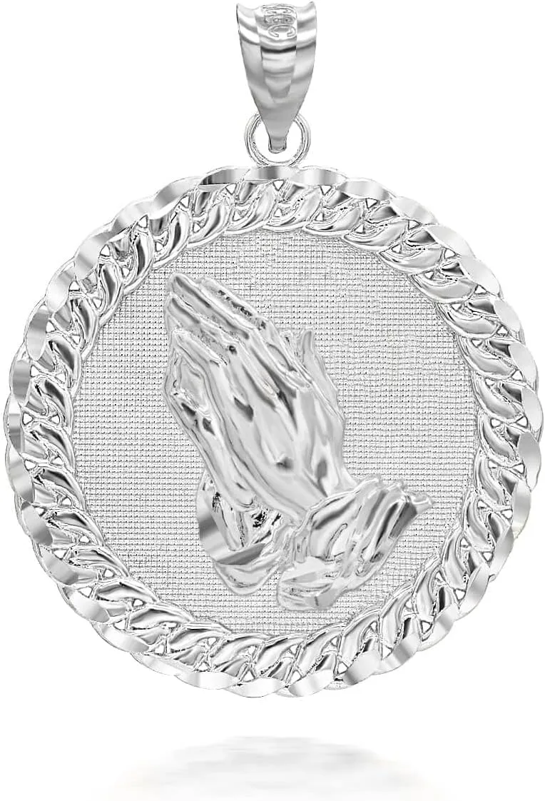 Claddagh Gold Solid 925 Sterling Silver Praying Hands Cuban Link Round Frame Pendant Necklace and Pendant Only