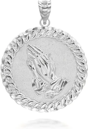 Claddagh Gold Solid 925 Sterling Silver Praying Hands Cuban Link Round Frame Pendant Necklace and Pendant Only
