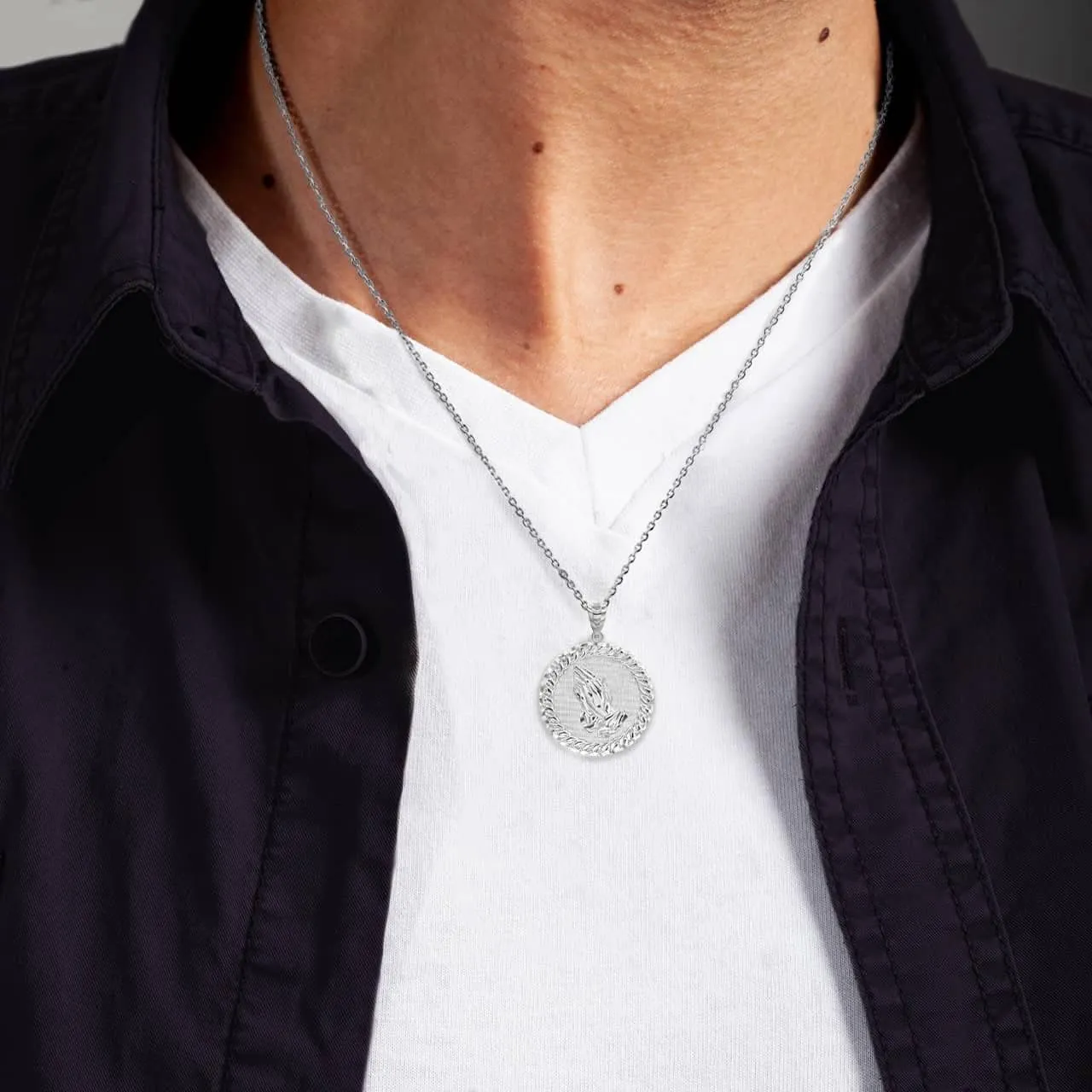 Claddagh Gold Solid 925 Sterling Silver Praying Hands Cuban Link Round Frame Pendant Necklace and Pendant Only