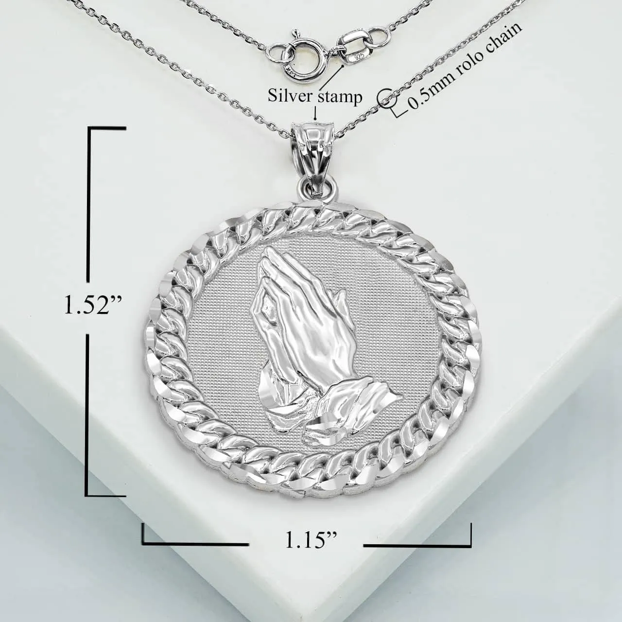 Claddagh Gold Solid 925 Sterling Silver Praying Hands Cuban Link Round Frame Pendant Necklace and Pendant Only